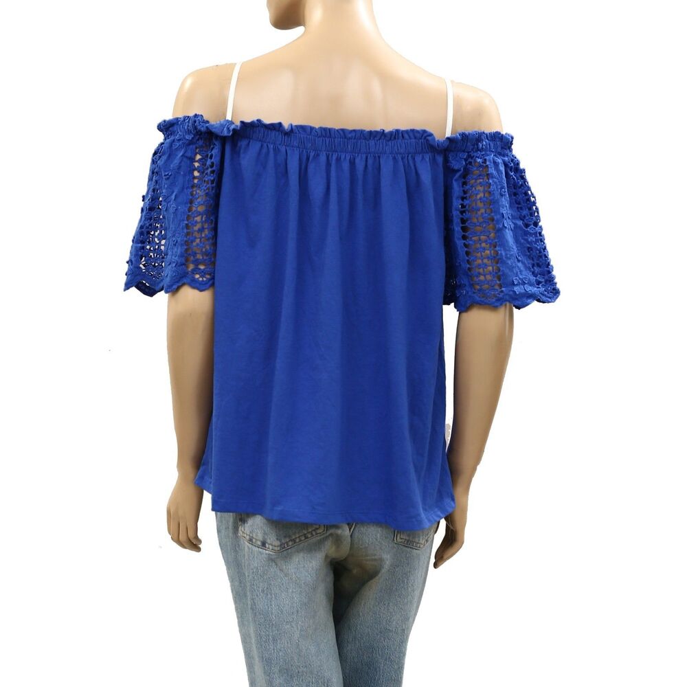 Lilly Pulitzer Fayette Off-The-Shoulder Blouse Top Crochet Ruffle Blue XL 287602 - Picture 7 of 9